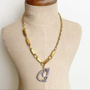 OOAK 17” Gold Tone Upcycled Necklace Agate Slice Pearl Pendant